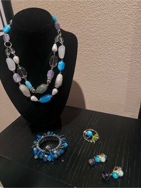 Multi-Color Beaded Statement Necklace - Blue set